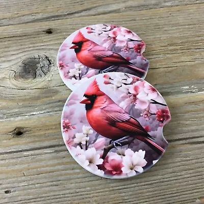 Male Cardinal With Flowers Car Coasters - Set Of 2 • $12