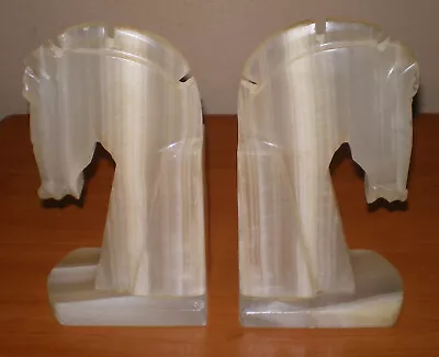 Vintage Art Deco Beige Stripe Carved ONYX Marble Horse Head Bookends MEXICO 7.5  • $14.95