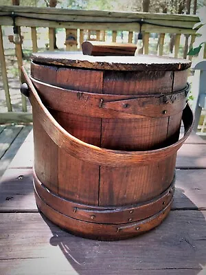 Antique Wooden Firkin Sugar Bucket 3 Bands With Handle And Lid Primitive • $80