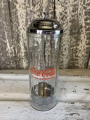 1992 Coca-Cola Straw Glass Holder Dispenser Canister Chrome Lid Vintage~ 11.5” • $15