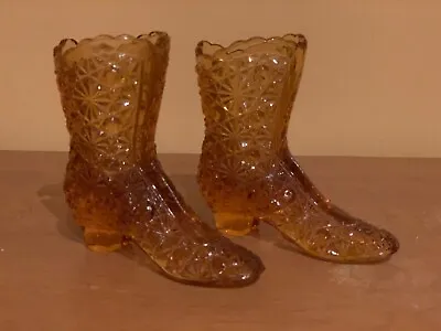 Gold Colored Glass Pair Of Decorative Boots Daisy & Button Pattern • $20