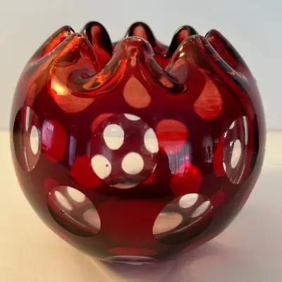 Bohemian Czech Crystal 5” Rose Bowl Cranberry Cut To Clear Glass Polka Dot • $55