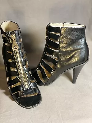 Michael Kors Blaze Black Patent Leather Booties Open-toed Gold Zipper  Size 7.5 • $19.99