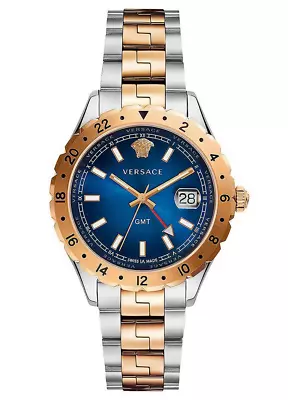 $850 • Buy Versace Hellenyium Swiss Men's Watch GMT Blue Dual Tone Rose Gold V11060017