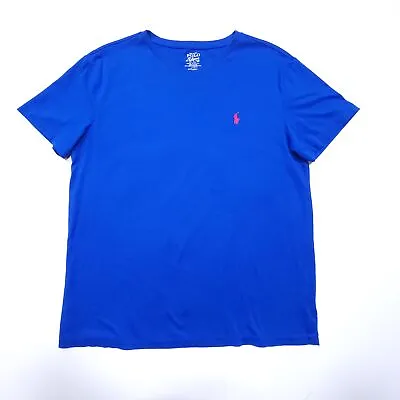 Polo Ralph Lauren M Bright Blue T-Shirt V-Neck Pink Pony • $20