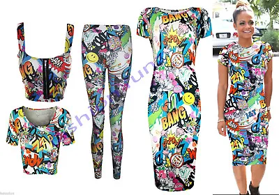£7.99 • Buy New Womens Ladies Comic Cartoon Graffiti Print Leggings Crop Top Midi Dress 8-14