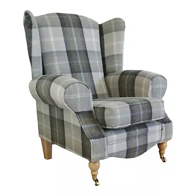 Wing Back Queen Anne Cottage Chair Balmoral Oxford Blue Tartan Light Wood Legs   • £479