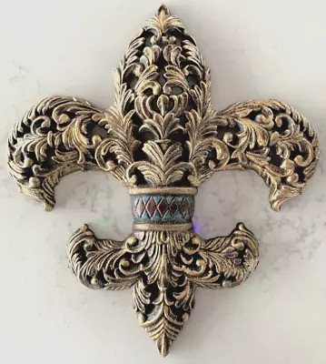 Cast Iron Fleur De Lis Medieval Style 11  Wall Art Crest Handpainted Gold Leaf • $34.95