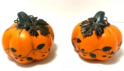 Fall Thanksgiving Pumpkins W Metal Leaves And Painted Leaves  3   Set Of 2  • $14.38