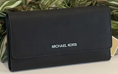 Michael Kors Jet Set Travel Large Trifold Wallet Mk Clutch Black Leather Silver • $66.99