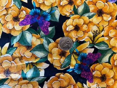 Pretty Blue & Rose Monarch Butterflies & Yellow Flowers On Black Cotton Fabric • $8