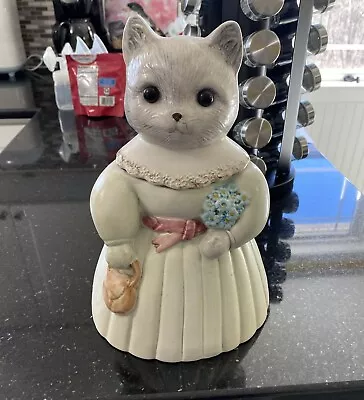 OVER AND BACK Cottage Cat In Dress With Flowers HANDPAINTED Portugal COOKIE JAR • $44.99