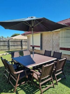 $1600 • Buy Outdoor Kwila Timber Setting 9 Piece With Umbrella Included