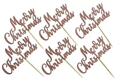 6 X Merry Christmas Signs Cake Decorations Yule Log Cupcake Toppers GLITTER ROSE • £2.99