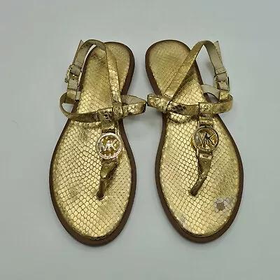 Michael Kors Sondra Sandals Gold 7 M Leather Gold Logo Ankle Strap T-Strap • $22.79