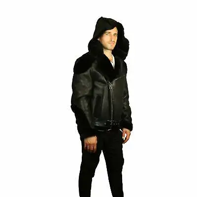 ZOOLOO Men's Sheepskin Shearling Moto Jacket With Hood • $339.15