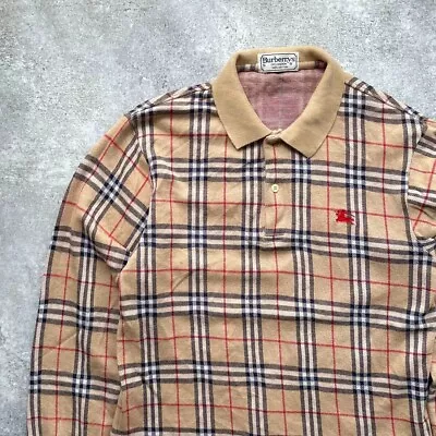 BURBERRYS Of LONDON Polo Shirt Long Sleeve Beige Cotton Check Men Size S Used • $92