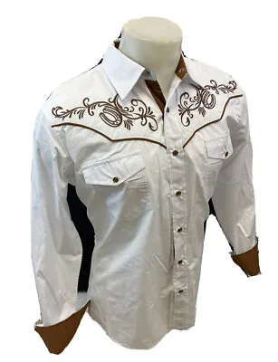 Men RODEO WESTERN Shirt HORSESHOE WHITE BROWN TRIBAL STITCH SNAP UP Cowboy 1145 • $44.99