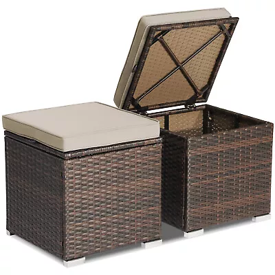 2PCS Patio Rattan Ottomans Seat Side Table Storage Box Footstool W/Cushions • $99.95