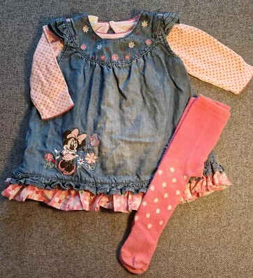 Minnie Mouse Dress Top & Tights Set 3-6 Months Vintage Denim Pinafore Outfit M6 • $6.23