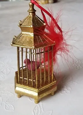 VTG VERY RARE Gilded Pagoda Metal BIRDCAGE Christmas Ornament  Feathered Bird • $49.99