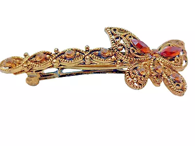 Vintage 80's Hair Clip Barrette Butterfly Rhinestone Filigree Brass Finish 2.5  • $12.95