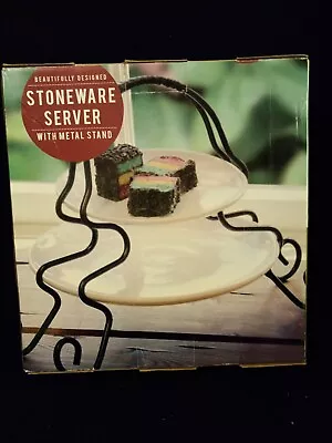 Stoneware Server Tray 2 Tier Black Wire Metal Stand White Plates Modern Dessert  • $11.95