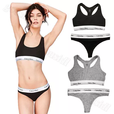 Calvin Klein Cotton Women Black/grey Stretch Bra&brief/thong Sets Ck Underwear • £12.99