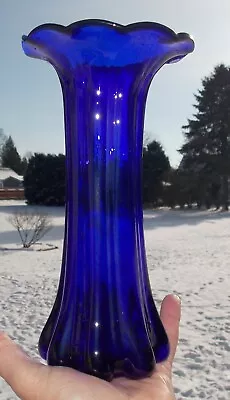  Mid Century Pulled Ribbed Elephant Foot Cobalt Glass Vase Ground Bottom MCM  • $45
