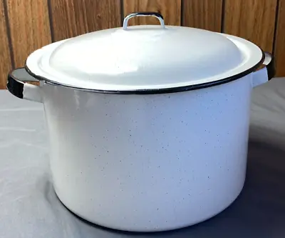 Vintage White Black Enamelware Stock Pot Lid Cooking Canning Farmhouse Décor • $20