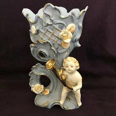 Mid 50's Ucagco Ceramic Japan Blue Vase With Cherub ~ 6 1/2  Tall • $9.99