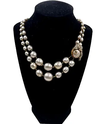 Miriam Haskell Signed Antique Silvery Baroque Faux Glass Pearls 2-rows Necklace • $650