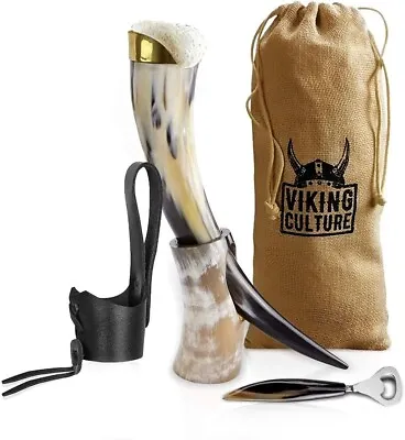 Viking Culture 16 Oz. Viking Drinking Horn W/ Beer Opener Stand Genuine Leather • $44