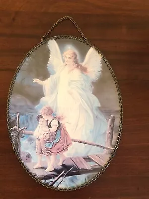 Vtg Oval Shaped Guardian Angel Watching Over Children Wall Hanging Flue Cover • $10