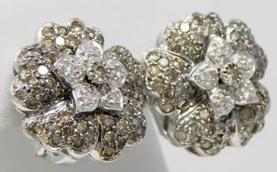 18 Kt White Gold Pair Of Diamond Floral Motif Omega Back Button Earrings B4614 • $2126
