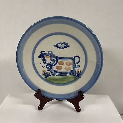 M A Hadley Pottery COW Plate Salad Dessert Signed Folk Art Blue White 7 5/8” • $18