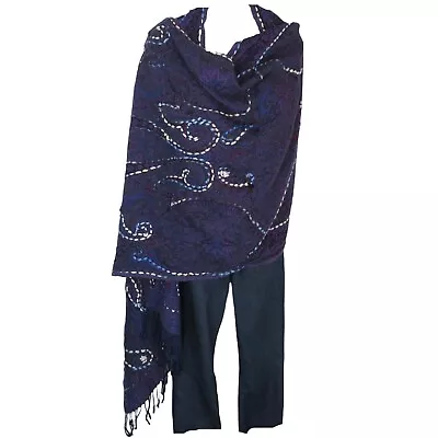 Shawl | Embroidery | Yak + Sheep Wool Blend | Stitched| Handmade | Blue & Black • $79.20