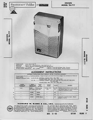 $10.99 • Buy 1960 Crown Tr-777 Transistor radio Service Manual Photofact Schematic Repair Fix