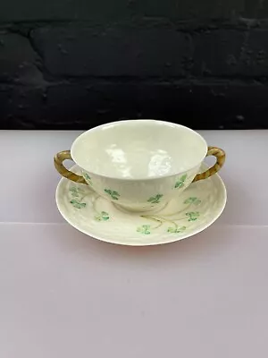 Belleek Basket Weave Handled Soup Coupe / Bowl And Stand / Saucer • £29.99