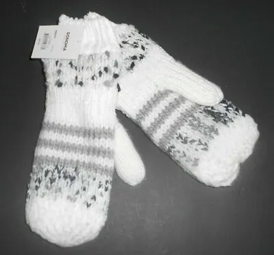 $12.95 • Buy Sonoma Women's Cable Knit Mittens One Size White With Gray Soft Warm Lining NWT 