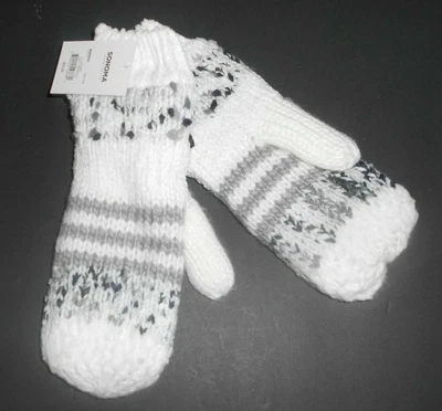 $12.95 • Buy Sonoma Women's Cable Knit Mittens One Size White With Gray Soft Warm Lining NWT 