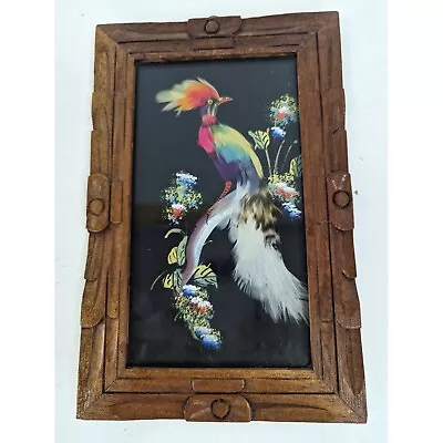 Vintage Mexican Bird Feather Picture Feathercraft Folk Art Carved Wood Frame #2 • $19.97