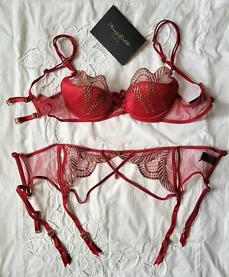 $179 • Buy NEW Honey Birdette Red Prince Set Bra Size 12B + Suspender Size S