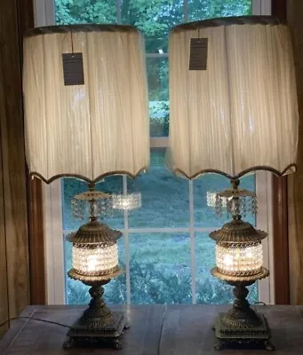 Vintage Pair Of Hollywood Regency Crystal & Brass Table Lamps W/ Original Shades • $1300