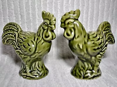 Rooster Salt Pepper Shakers Green Vintage Hen Porcelain Ceramic Set 4  Chickens • $16.99