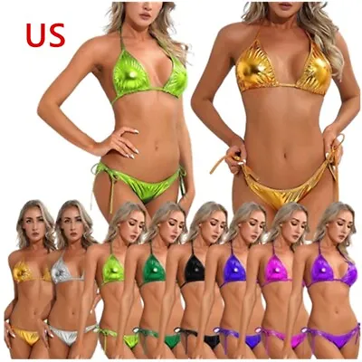 US Womens Metallic Bikini Set Lace-Up Lingerie Suit Sexy Swimwear Halter Bra Top • $6.34