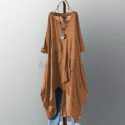 ZANZEA Women Check Plaid Long Sleeve Tops Shirt Asymmetric Hem Shift Dress  • £9.49
