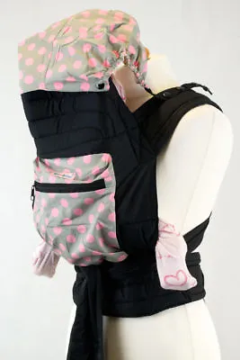 Mei Tai Baby Sling Reversible Carrier With Hood & Pocket In Grey With Pink Spots • £27.99