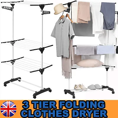 Folding 3 Tier Clothes Airer Drying Rack Laundry Washing Drier Indoor Outdoor • £19.99