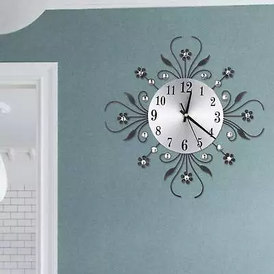 3D Wall Clock Luxury Metal Diamonds Flower Silent  Art Office House Living Room • £14.99